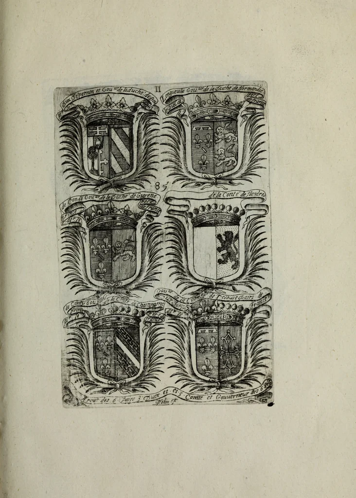 An illustration from Armorial vniuersel, contenant les armes des principales maisons, estatz, et dignitez, des plus considerables royaumes de l'Europe. Blazonnées de leurs métaux & couleurs et enrichies de leurs ornemens exterieurs, 1654, leaf 198