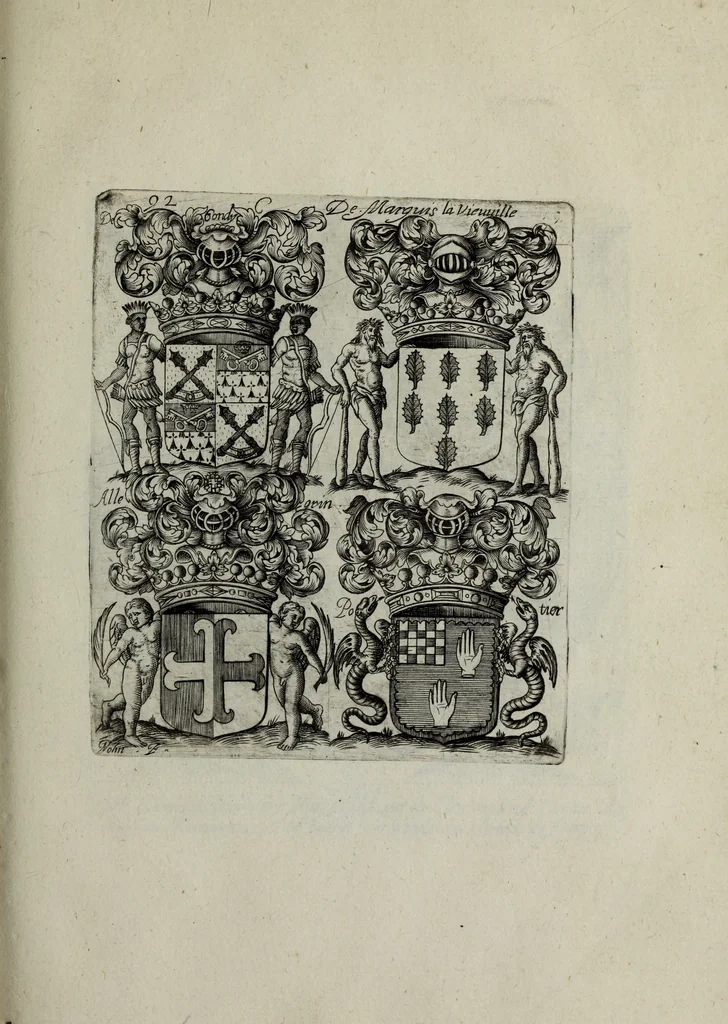 An illustration from Armorial vniuersel, contenant les armes des principales maisons, estatz, et dignitez, des plus considerables royaumes de l'Europe. Blazonnées de leurs métaux & couleurs et enrichies de leurs ornemens exterieurs, 1654, leaf 212
