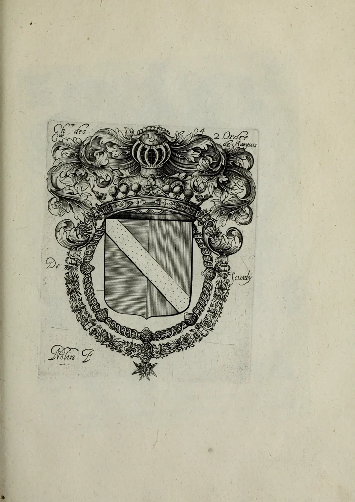 An illustration from Armorial vniuersel, contenant les armes des principales maisons, estatz, et dignitez, des plus considerables royaumes de l'Europe. Blazonnées de leurs métaux & couleurs et enrichies de leurs ornemens exterieurs, 1654, leaf 218