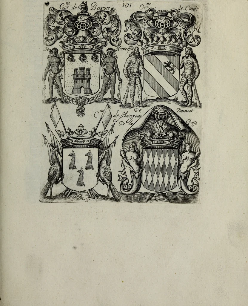 An illustration from Armorial vniuersel, contenant les armes des principales maisons, estatz, et dignitez, des plus considerables royaumes de l'Europe. Blazonnées de leurs métaux & couleurs et enrichies de leurs ornemens exterieurs, 1654, leaf 230