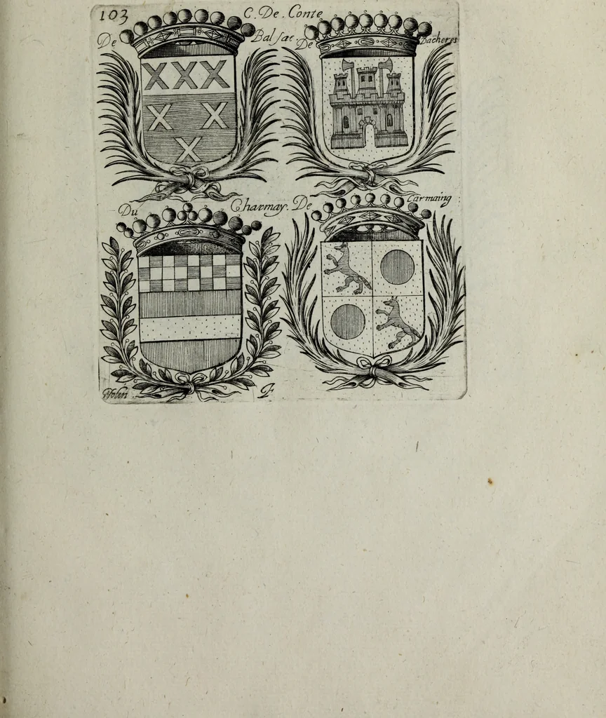 An illustration from Armorial vniuersel, contenant les armes des principales maisons, estatz, et dignitez, des plus considerables royaumes de l'Europe. Blazonnées de leurs métaux & couleurs et enrichies de leurs ornemens exterieurs, 1654, leaf 234