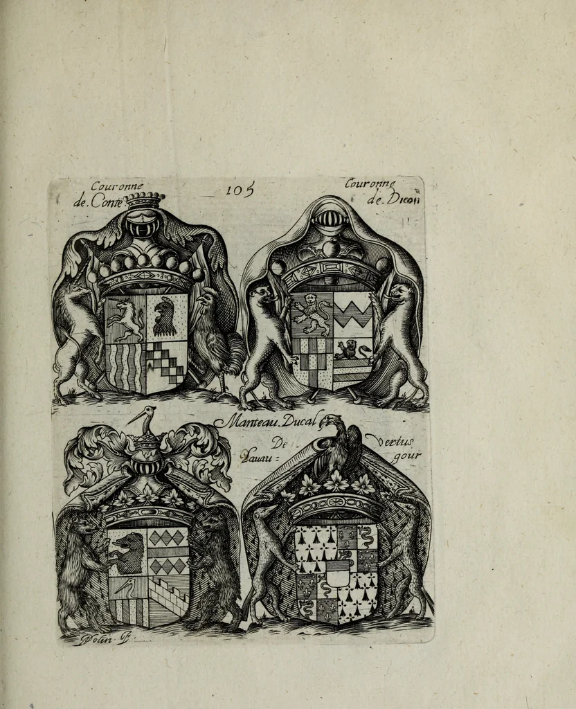 An illustration from Armorial vniuersel, contenant les armes des principales maisons, estatz, et dignitez, des plus considerables royaumes de l'Europe. Blazonnées de leurs métaux & couleurs et enrichies de leurs ornemens exterieurs, 1654, leaf 238