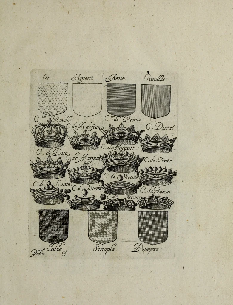 An illustration from Armorial vniuersel, contenant les armes des principales maisons, estatz, et dignitez, des plus considerables royaumes de l'Europe. Blazonnées de leurs métaux & couleurs et enrichies de leurs ornemens exterieurs, 1654, leaf 24