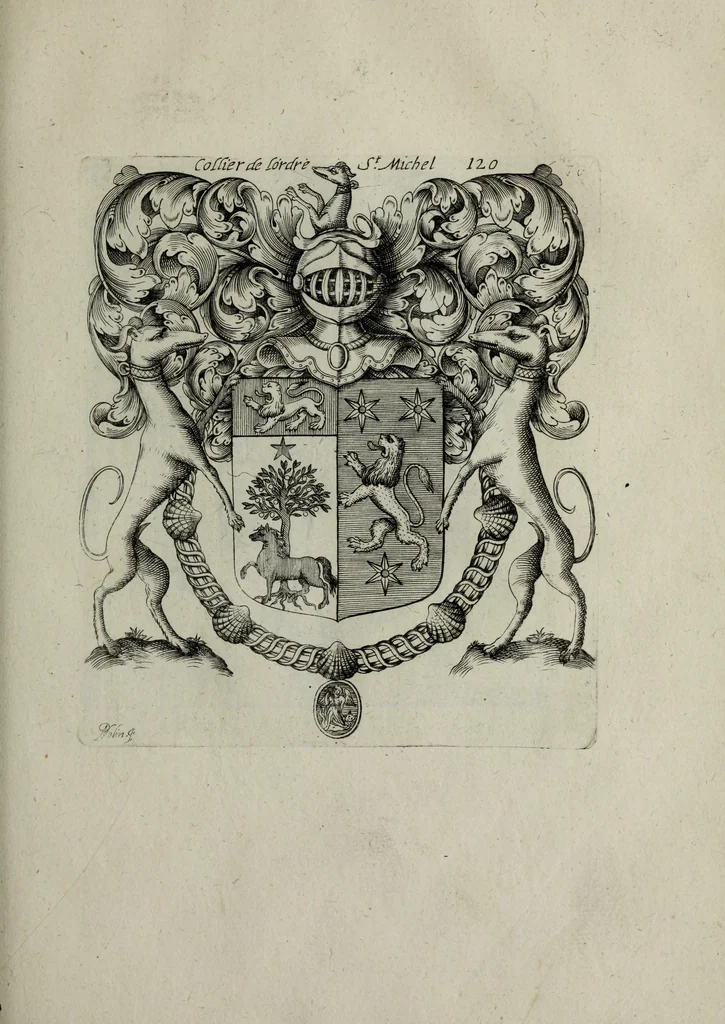 An illustration from Armorial vniuersel, contenant les armes des principales maisons, estatz, et dignitez, des plus considerables royaumes de l'Europe. Blazonnées de leurs métaux & couleurs et enrichies de leurs ornemens exterieurs, 1654, leaf 268