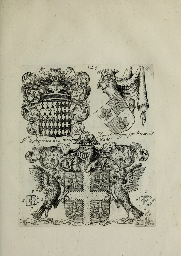 An illustration from Armorial vniuersel, contenant les armes des principales maisons, estatz, et dignitez, des plus considerables royaumes de l'Europe. Blazonnées de leurs métaux & couleurs et enrichies de leurs ornemens exterieurs, 1654, leaf 272