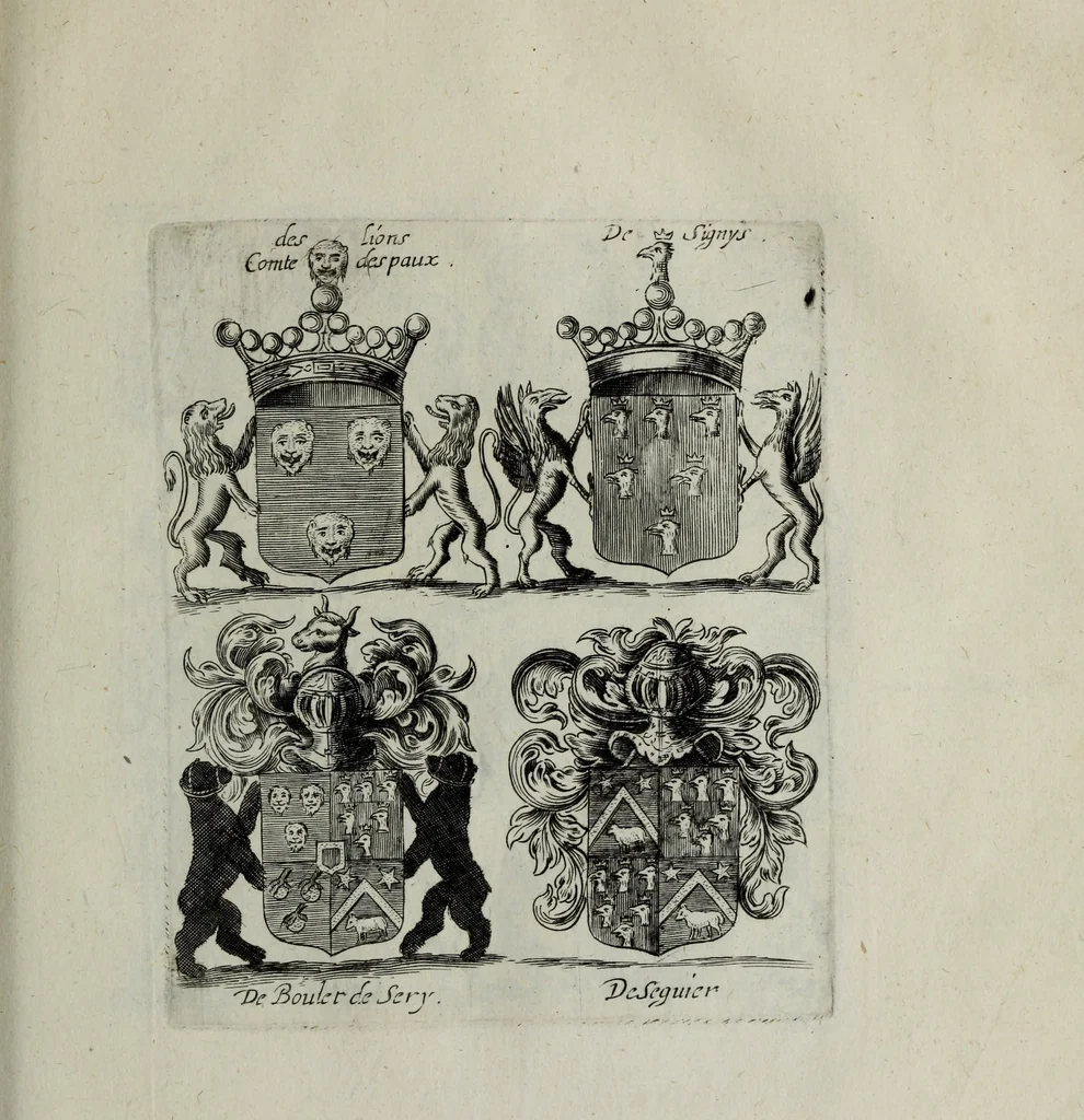 An illustration from Armorial vniuersel, contenant les armes des principales maisons, estatz, et dignitez, des plus considerables royaumes de l'Europe. Blazonnées de leurs métaux & couleurs et enrichies de leurs ornemens exterieurs, 1654, leaf 274