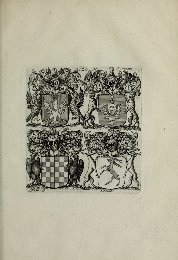An illustration from Armorial vniuersel, contenant les armes des principales maisons, estatz, et dignitez, des plus considerables royaumes de l'Europe. Blazonnées de leurs métaux & couleurs et enrichies de leurs ornemens exterieurs, 1654, leaf 280