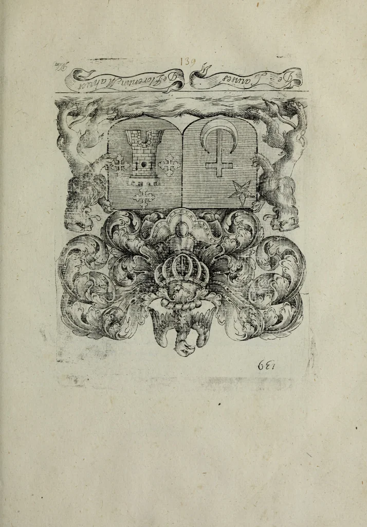 An illustration from Armorial vniuersel, contenant les armes des principales maisons, estatz, et dignitez, des plus considerables royaumes de l'Europe. Blazonnées de leurs métaux & couleurs et enrichies de leurs ornemens exterieurs, 1654, leaf 308
