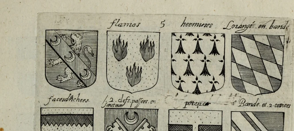 An illustration from Armorial vniuersel, contenant les armes des principales maisons, estatz, et dignitez, des plus considerables royaumes de l'Europe. Blazonnées de leurs métaux & couleurs et enrichies de leurs ornemens exterieurs, 1654, leaf 32