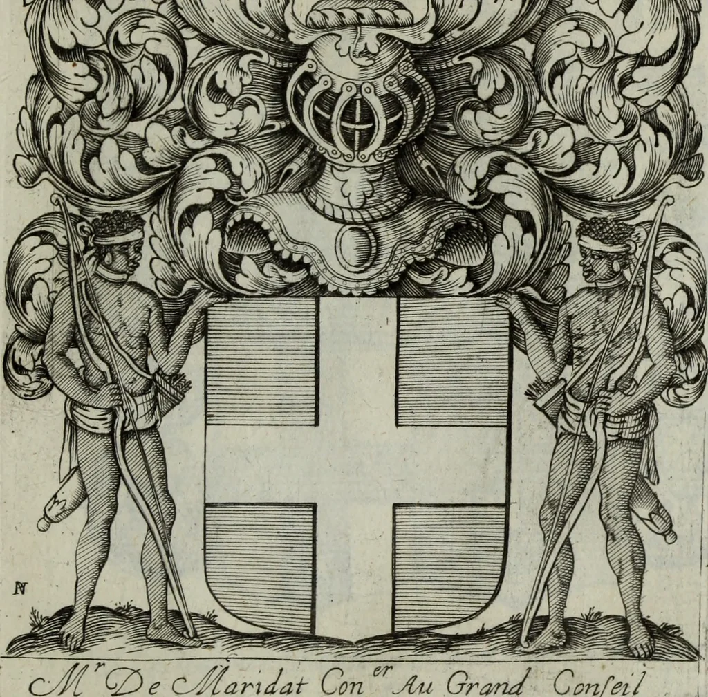 An illustration from Armorial vniuersel, contenant les armes des principales maisons, estatz, et dignitez, des plus considerables royaumes de l'Europe. Blazonnées de leurs métaux & couleurs et enrichies de leurs ornemens exterieurs, 1654, leaf 328