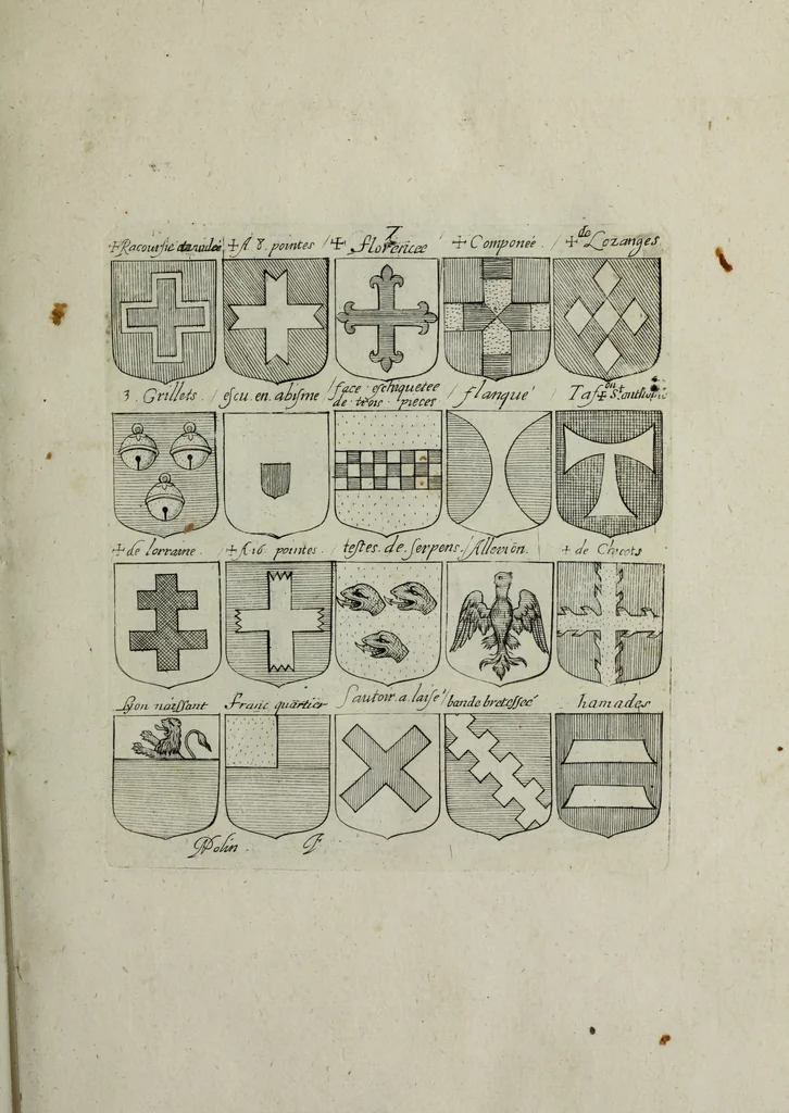 An illustration from Armorial vniuersel, contenant les armes des principales maisons, estatz, et dignitez, des plus considerables royaumes de l'Europe. Blazonnées de leurs métaux & couleurs et enrichies de leurs ornemens exterieurs, 1654, leaf 36