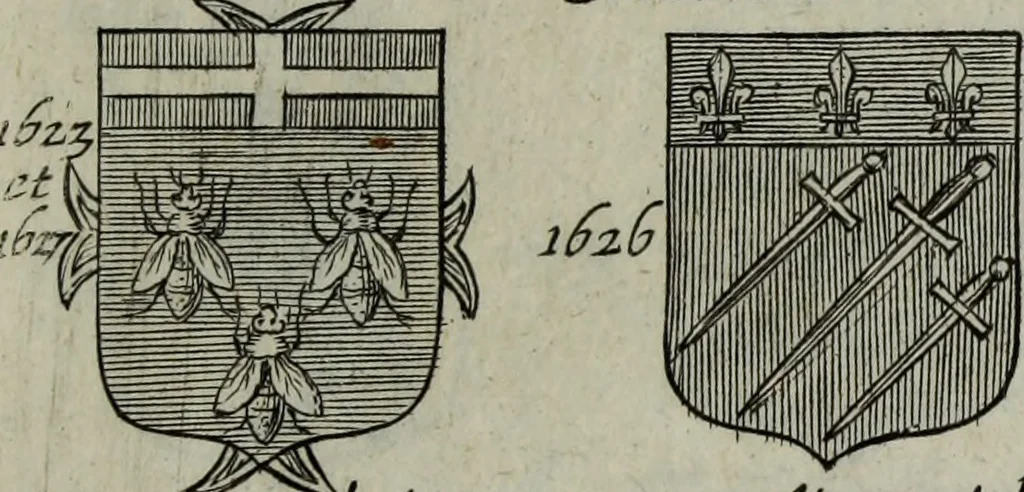 An illustration from Armorial vniuersel, contenant les armes des principales maisons, estatz, et dignitez, des plus considerables royaumes de l'Europe. Blazonnées de leurs métaux & couleurs et enrichies de leurs ornemens exterieurs, 1654, leaf 362