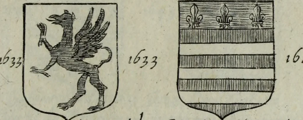 An illustration from Armorial vniuersel, contenant les armes des principales maisons, estatz, et dignitez, des plus considerables royaumes de l'Europe. Blazonnées de leurs métaux & couleurs et enrichies de leurs ornemens exterieurs, 1654, leaf 364