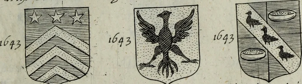 An illustration from Armorial vniuersel, contenant les armes des principales maisons, estatz, et dignitez, des plus considerables royaumes de l'Europe. Blazonnées de leurs métaux & couleurs et enrichies de leurs ornemens exterieurs, 1654, leaf 368