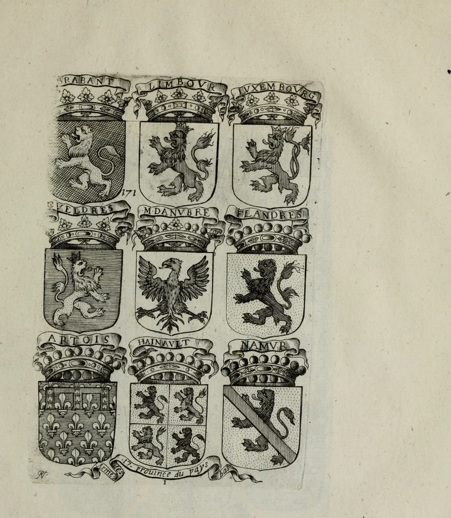 An illustration from Armorial vniuersel, contenant les armes des principales maisons, estatz, et dignitez, des plus considerables royaumes de l'Europe. Blazonnées de leurs métaux & couleurs et enrichies de leurs ornemens exterieurs, 1654, leaf 374