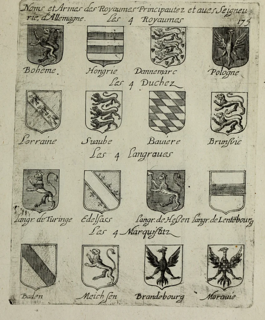 An illustration from Armorial vniuersel, contenant les armes des principales maisons, estatz, et dignitez, des plus considerables royaumes de l'Europe. Blazonnées de leurs métaux & couleurs et enrichies de leurs ornemens exterieurs, 1654, leaf 382