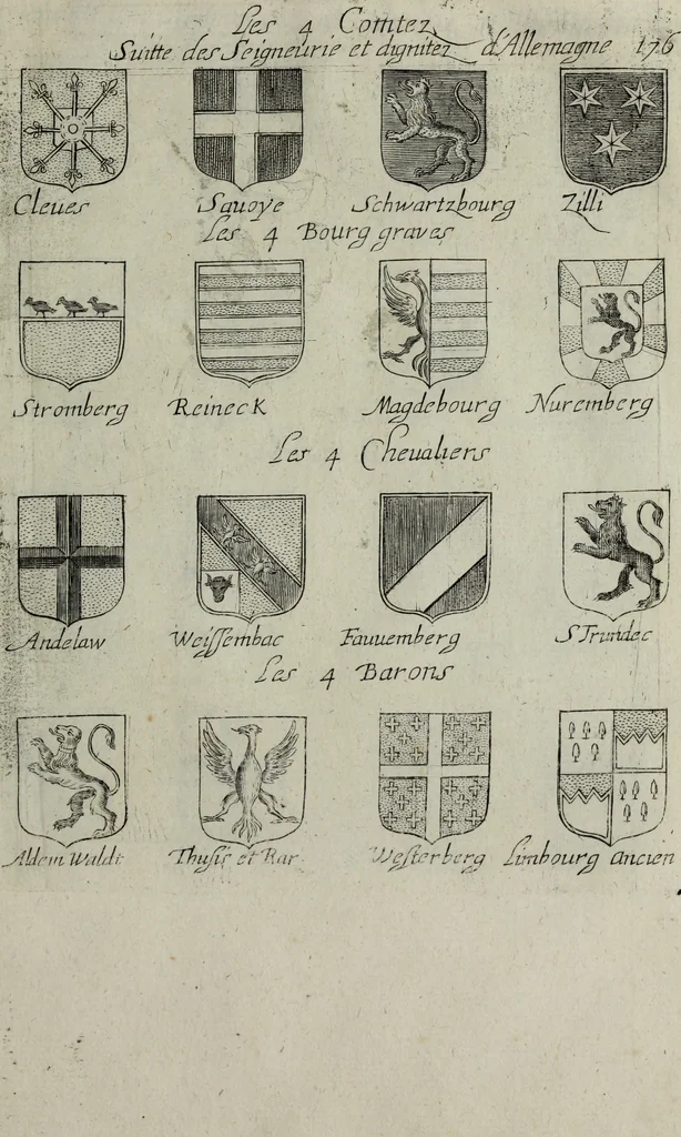 An illustration from Armorial vniuersel, contenant les armes des principales maisons, estatz, et dignitez, des plus considerables royaumes de l'Europe. Blazonnées de leurs métaux & couleurs et enrichies de leurs ornemens exterieurs, 1654, leaf 384