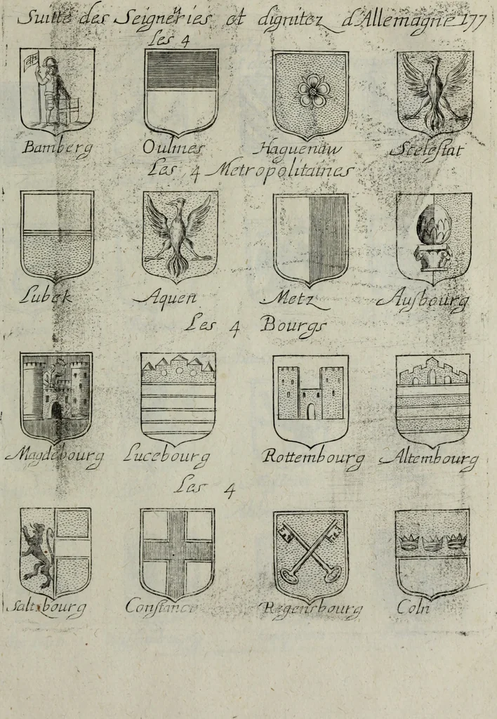 An illustration from Armorial vniuersel, contenant les armes des principales maisons, estatz, et dignitez, des plus considerables royaumes de l'Europe. Blazonnées de leurs métaux & couleurs et enrichies de leurs ornemens exterieurs, 1654, leaf 386