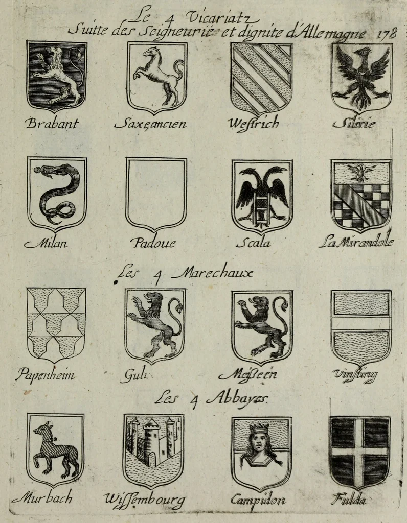 An illustration from Armorial vniuersel, contenant les armes des principales maisons, estatz, et dignitez, des plus considerables royaumes de l'Europe. Blazonnées de leurs métaux & couleurs et enrichies de leurs ornemens exterieurs, 1654, leaf 388