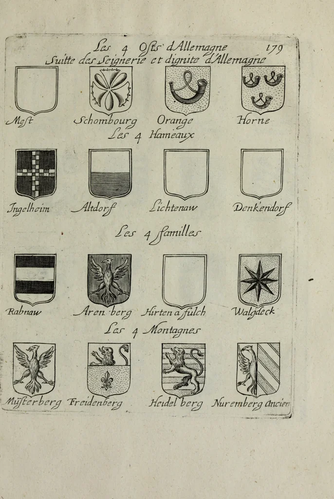 An illustration from Armorial vniuersel, contenant les armes des principales maisons, estatz, et dignitez, des plus considerables royaumes de l'Europe. Blazonnées de leurs métaux & couleurs et enrichies de leurs ornemens exterieurs, 1654, leaf 390