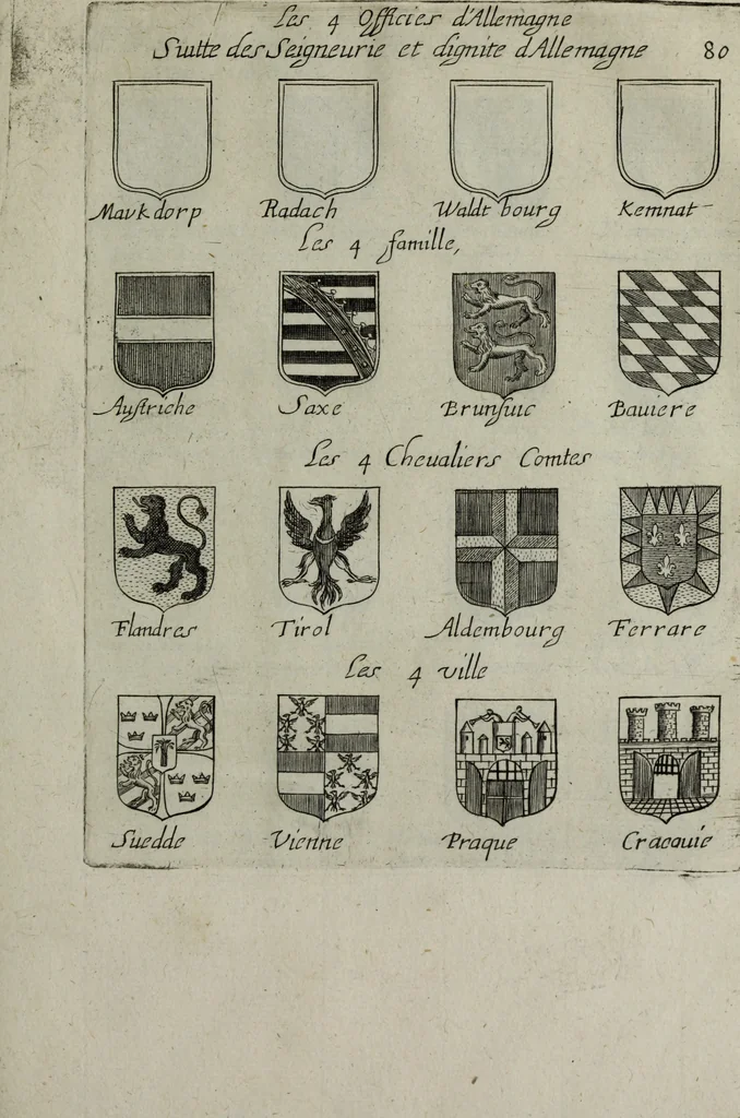 An illustration from Armorial vniuersel, contenant les armes des principales maisons, estatz, et dignitez, des plus considerables royaumes de l'Europe. Blazonnées de leurs métaux & couleurs et enrichies de leurs ornemens exterieurs, 1654, leaf 392