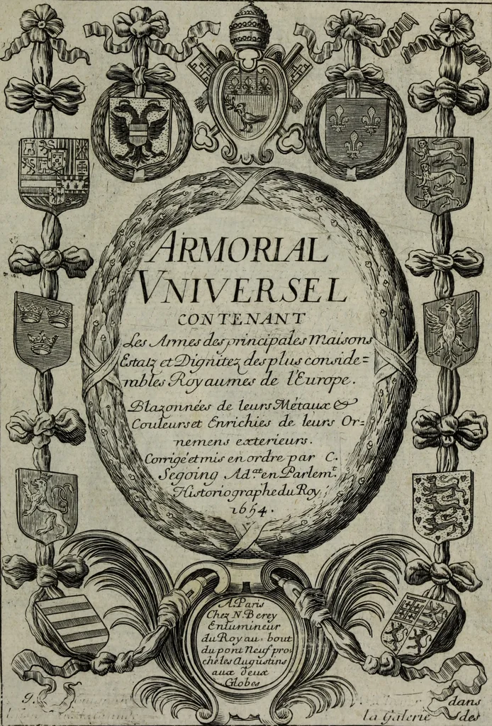 An illustration from Armorial vniuersel, contenant les armes des principales maisons, estatz, et dignitez, des plus considerables royaumes de l'Europe. Blazonnées de leurs métaux & couleurs et enrichies de leurs ornemens exterieurs, 1654, leaf 4