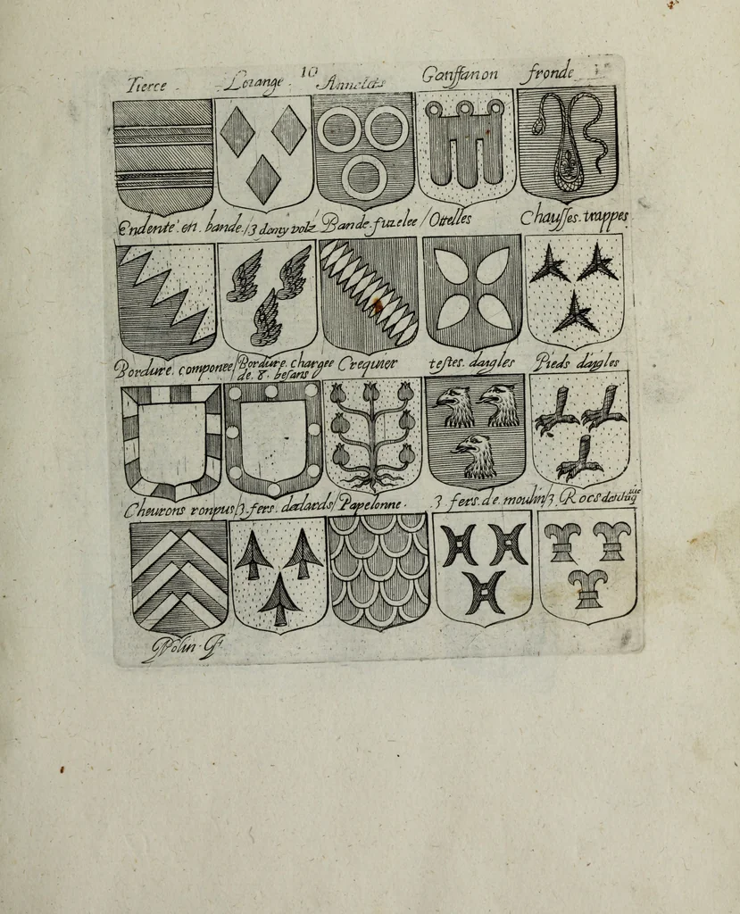 An illustration from Armorial vniuersel, contenant les armes des principales maisons, estatz, et dignitez, des plus considerables royaumes de l'Europe. Blazonnées de leurs métaux & couleurs et enrichies de leurs ornemens exterieurs, 1654, leaf 42
