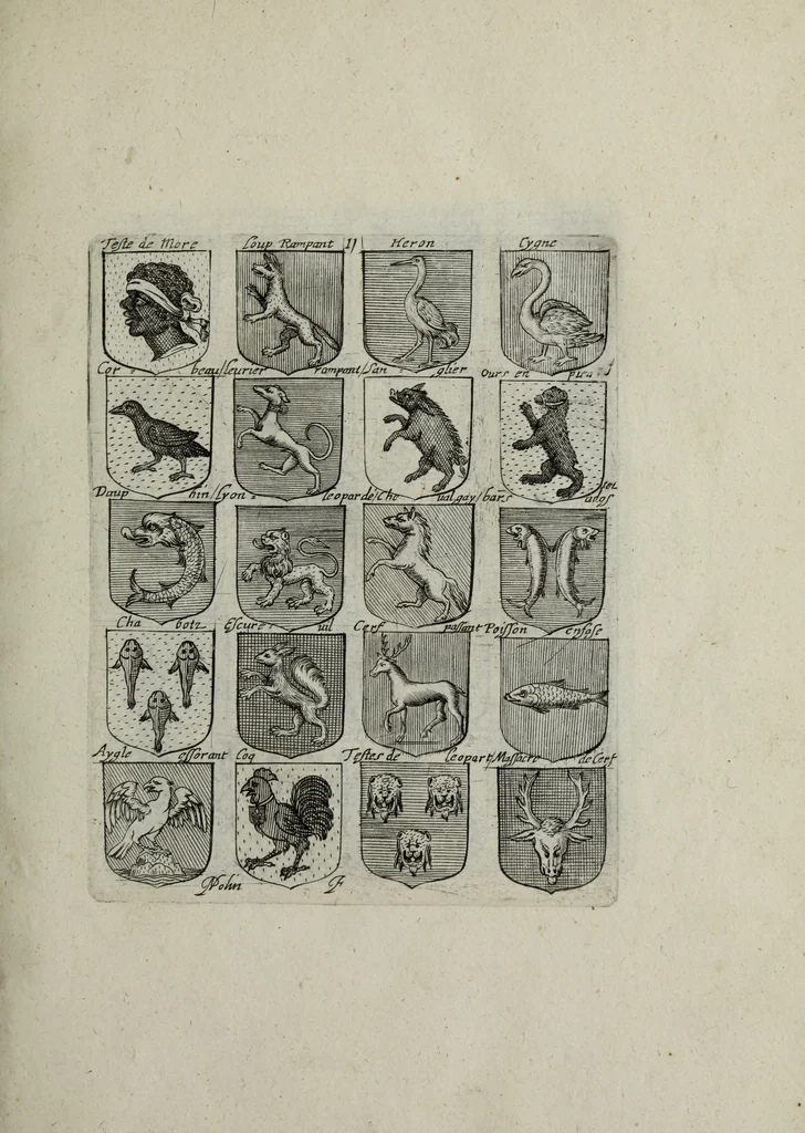 An illustration from Armorial vniuersel, contenant les armes des principales maisons, estatz, et dignitez, des plus considerables royaumes de l'Europe. Blazonnées de leurs métaux & couleurs et enrichies de leurs ornemens exterieurs, 1654, leaf 44