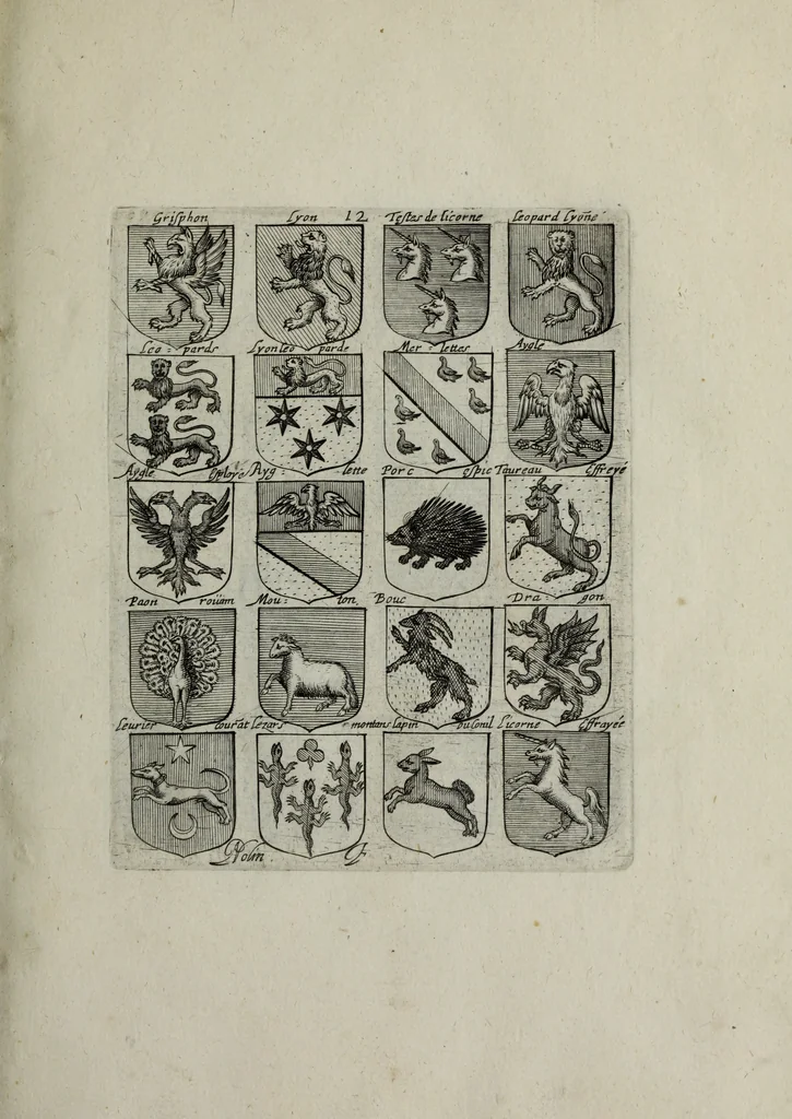 An illustration from Armorial vniuersel, contenant les armes des principales maisons, estatz, et dignitez, des plus considerables royaumes de l'Europe. Blazonnées de leurs métaux & couleurs et enrichies de leurs ornemens exterieurs, 1654, leaf 46