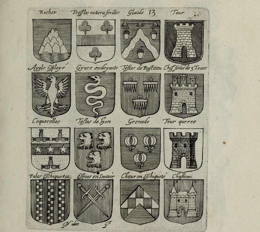 An illustration from Armorial vniuersel, contenant les armes des principales maisons, estatz, et dignitez, des plus considerables royaumes de l'Europe. Blazonnées de leurs métaux & couleurs et enrichies de leurs ornemens exterieurs, 1654, leaf 48