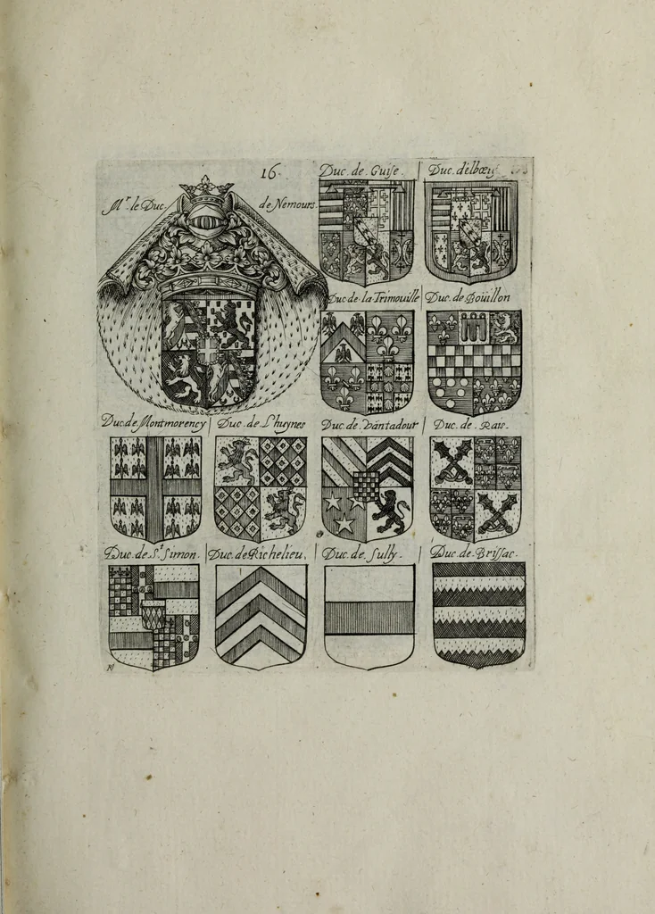 An illustration from Armorial vniuersel, contenant les armes des principales maisons, estatz, et dignitez, des plus considerables royaumes de l'Europe. Blazonnées de leurs métaux & couleurs et enrichies de leurs ornemens exterieurs, 1654, leaf 54