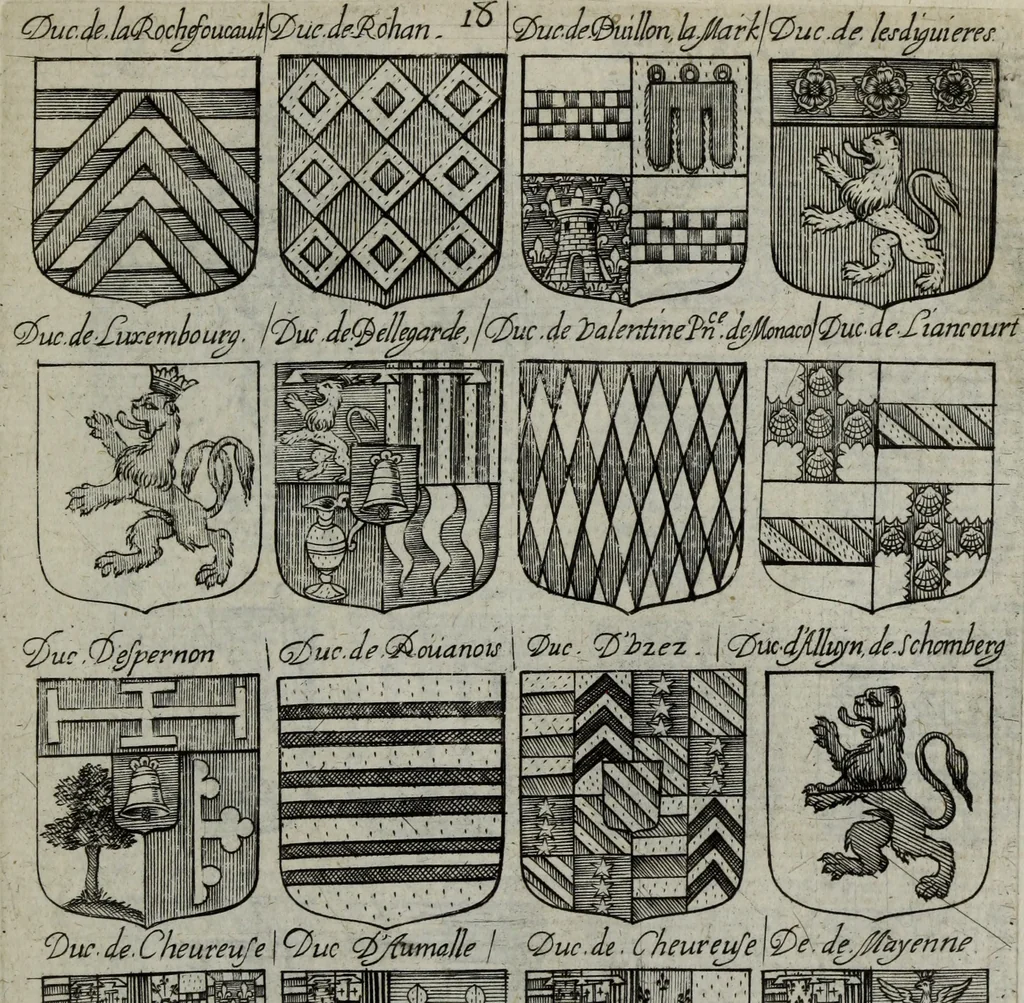 An illustration from Armorial vniuersel, contenant les armes des principales maisons, estatz, et dignitez, des plus considerables royaumes de l'Europe. Blazonnées de leurs métaux & couleurs et enrichies de leurs ornemens exterieurs, 1654, leaf 58