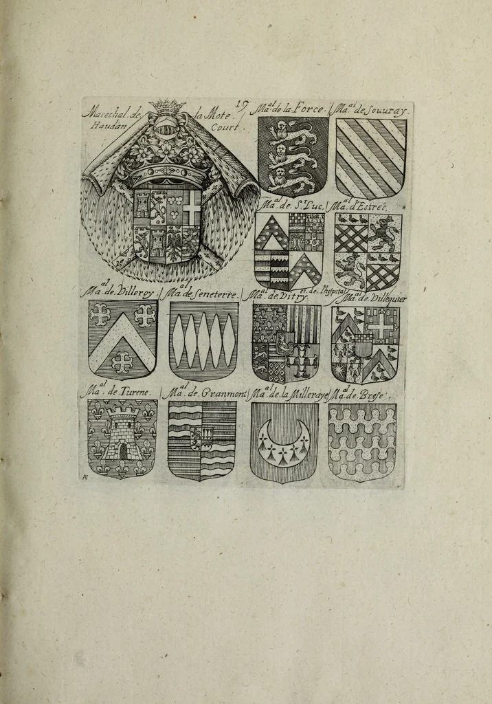 An illustration from Armorial vniuersel, contenant les armes des principales maisons, estatz, et dignitez, des plus considerables royaumes de l'Europe. Blazonnées de leurs métaux & couleurs et enrichies de leurs ornemens exterieurs, 1654, leaf 60