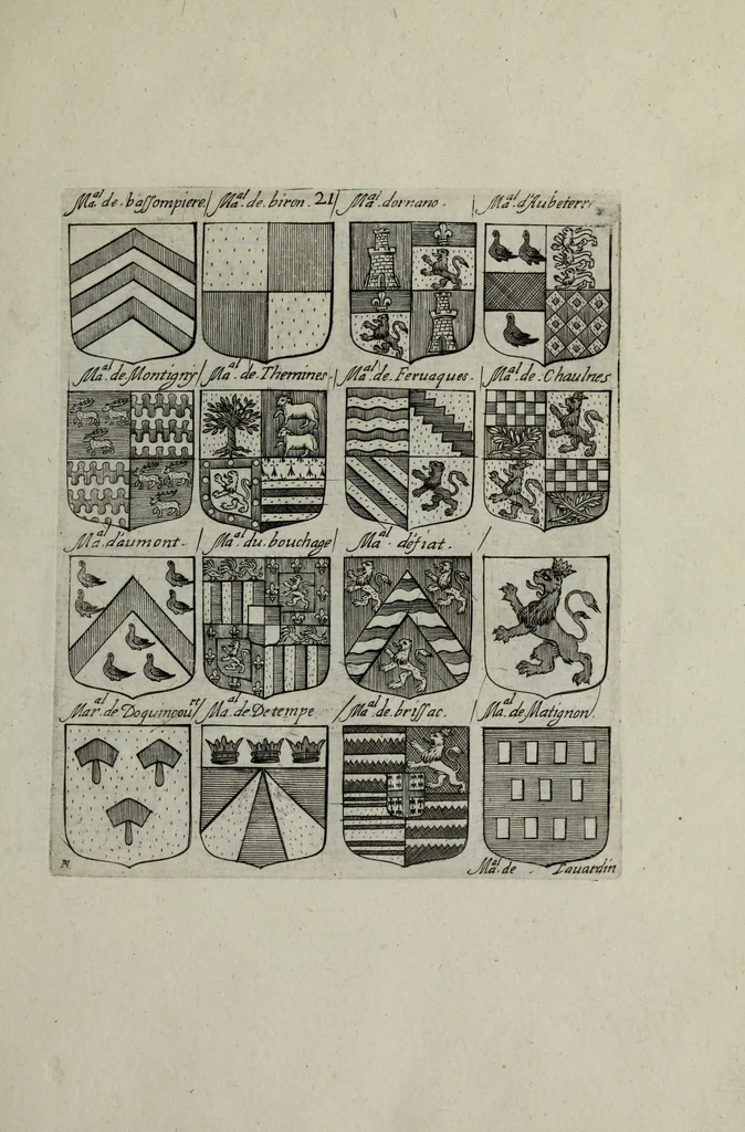 An illustration from Armorial vniuersel, contenant les armes des principales maisons, estatz, et dignitez, des plus considerables royaumes de l'Europe. Blazonnées de leurs métaux & couleurs et enrichies de leurs ornemens exterieurs, 1654, leaf 64