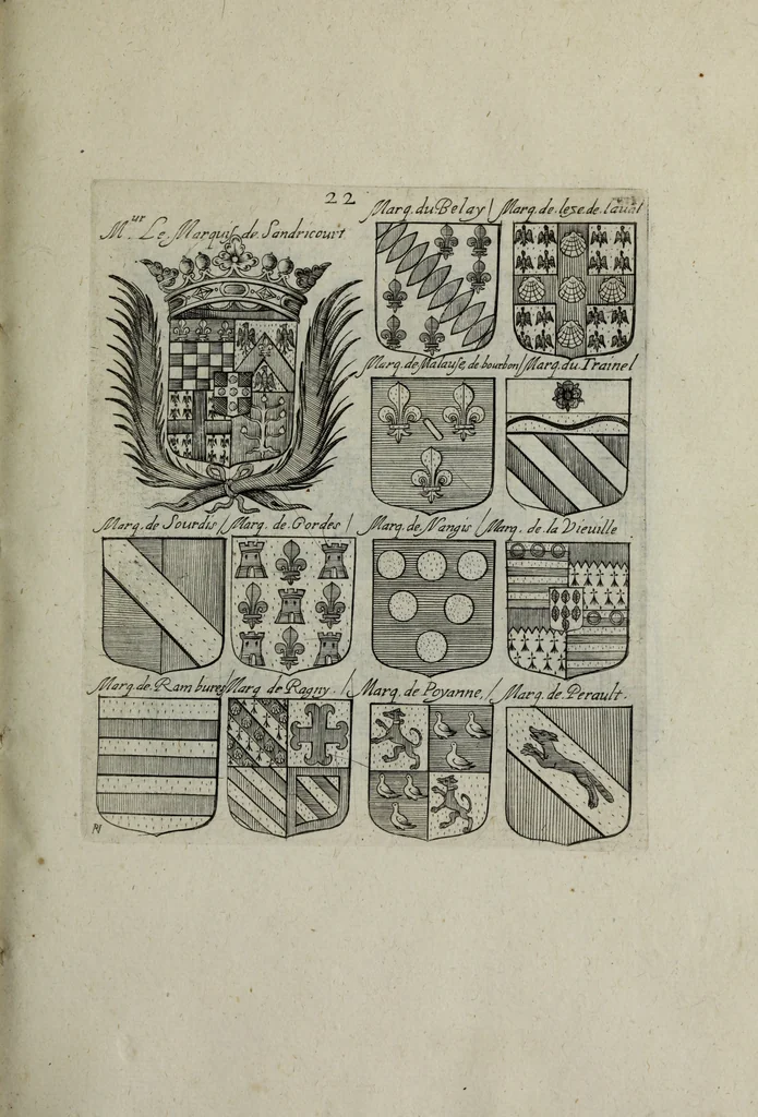 An illustration from Armorial vniuersel, contenant les armes des principales maisons, estatz, et dignitez, des plus considerables royaumes de l'Europe. Blazonnées de leurs métaux & couleurs et enrichies de leurs ornemens exterieurs, 1654, leaf 66