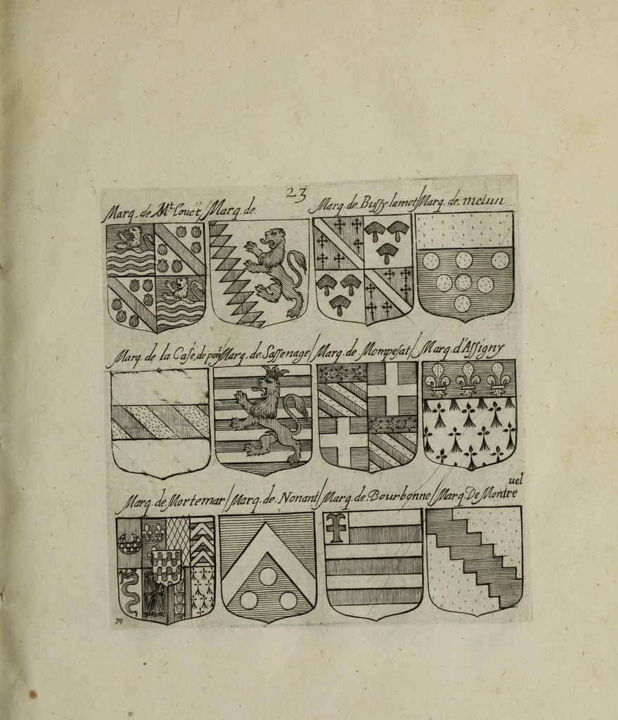 An illustration from Armorial vniuersel, contenant les armes des principales maisons, estatz, et dignitez, des plus considerables royaumes de l'Europe. Blazonnées de leurs métaux & couleurs et enrichies de leurs ornemens exterieurs, 1654, leaf 68