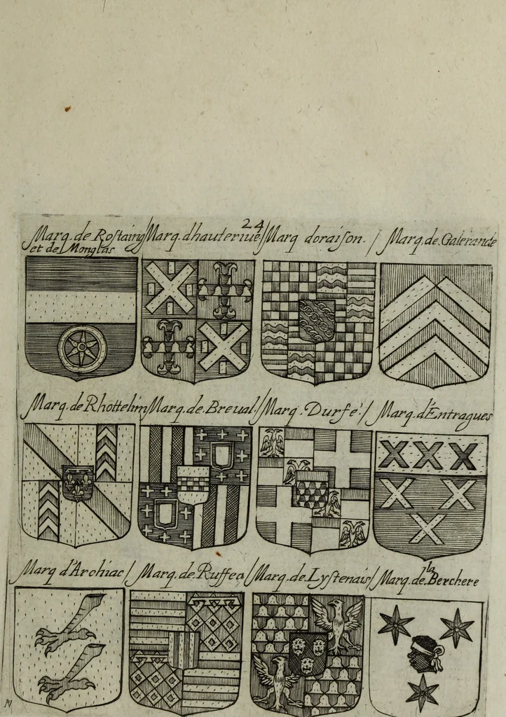 An illustration from Armorial vniuersel, contenant les armes des principales maisons, estatz, et dignitez, des plus considerables royaumes de l'Europe. Blazonnées de leurs métaux & couleurs et enrichies de leurs ornemens exterieurs, 1654, leaf 70