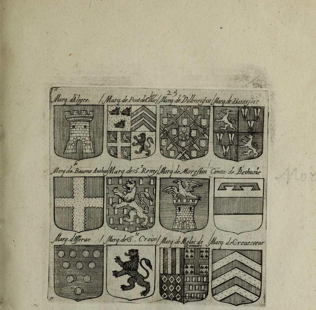 An illustration from Armorial vniuersel, contenant les armes des principales maisons, estatz, et dignitez, des plus considerables royaumes de l'Europe. Blazonnées de leurs métaux & couleurs et enrichies de leurs ornemens exterieurs, 1654, leaf 72