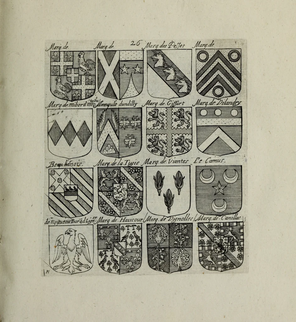 An illustration from Armorial vniuersel, contenant les armes des principales maisons, estatz, et dignitez, des plus considerables royaumes de l'Europe. Blazonnées de leurs métaux & couleurs et enrichies de leurs ornemens exterieurs, 1654, leaf 74