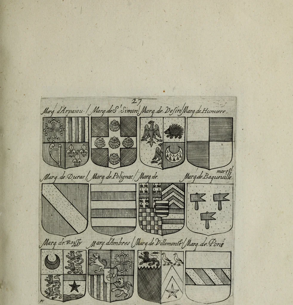 An illustration from Armorial vniuersel, contenant les armes des principales maisons, estatz, et dignitez, des plus considerables royaumes de l'Europe. Blazonnées de leurs métaux & couleurs et enrichies de leurs ornemens exterieurs, 1654, leaf 76