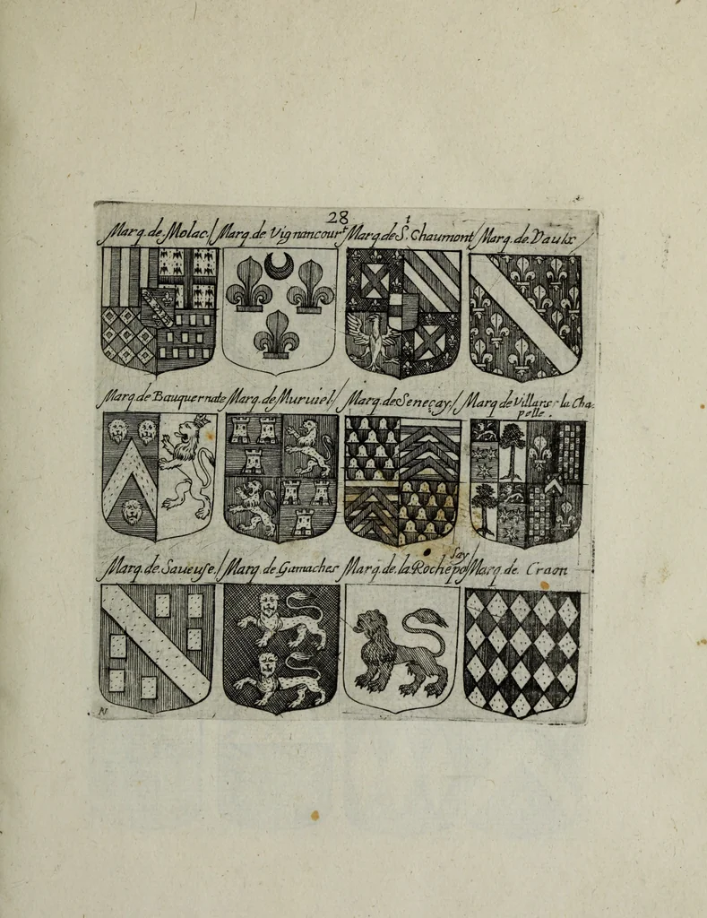 An illustration from Armorial vniuersel, contenant les armes des principales maisons, estatz, et dignitez, des plus considerables royaumes de l'Europe. Blazonnées de leurs métaux & couleurs et enrichies de leurs ornemens exterieurs, 1654, leaf 78