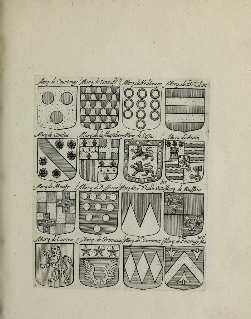 An illustration from Armorial vniuersel, contenant les armes des principales maisons, estatz, et dignitez, des plus considerables royaumes de l'Europe. Blazonnées de leurs métaux & couleurs et enrichies de leurs ornemens exterieurs, 1654, leaf 80