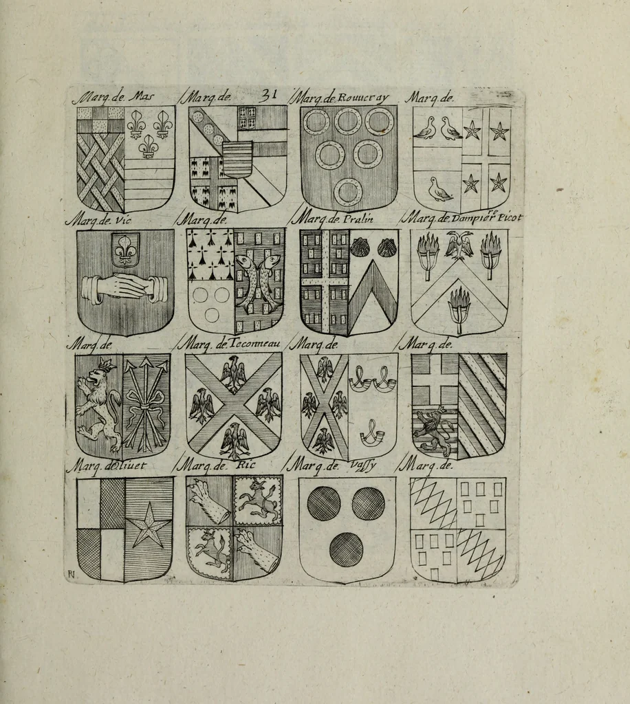 An illustration from Armorial vniuersel, contenant les armes des principales maisons, estatz, et dignitez, des plus considerables royaumes de l'Europe. Blazonnées de leurs métaux & couleurs et enrichies de leurs ornemens exterieurs, 1654, leaf 84