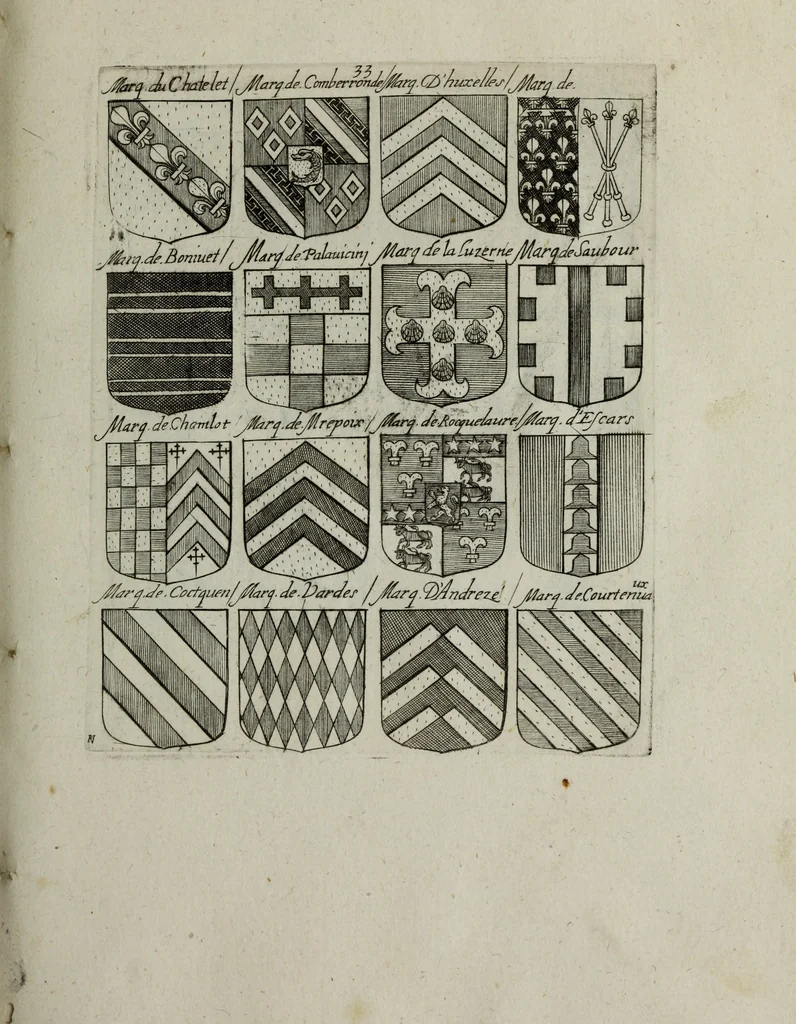 An illustration from Armorial vniuersel, contenant les armes des principales maisons, estatz, et dignitez, des plus considerables royaumes de l'Europe. Blazonnées de leurs métaux & couleurs et enrichies de leurs ornemens exterieurs, 1654, leaf 86