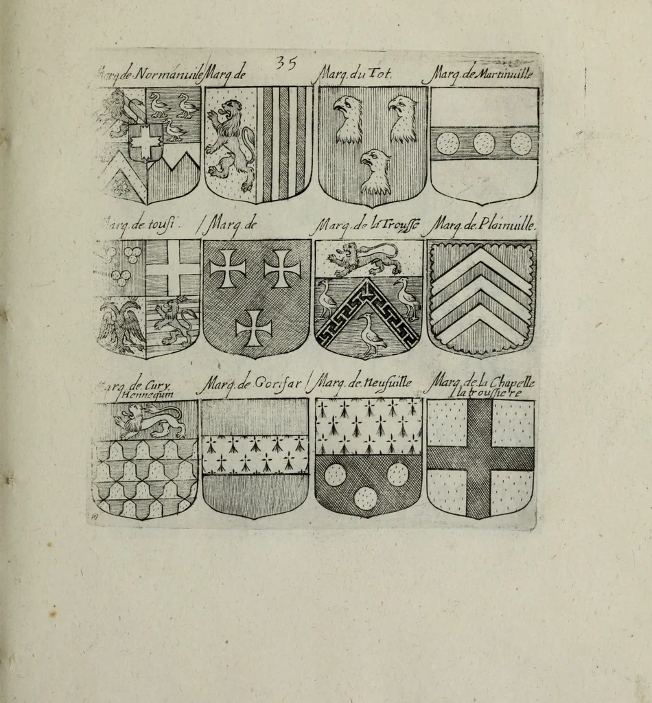 An illustration from Armorial vniuersel, contenant les armes des principales maisons, estatz, et dignitez, des plus considerables royaumes de l'Europe. Blazonnées de leurs métaux & couleurs et enrichies de leurs ornemens exterieurs, 1654, leaf 90