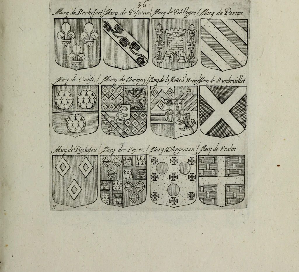 An illustration from Armorial vniuersel, contenant les armes des principales maisons, estatz, et dignitez, des plus considerables royaumes de l'Europe. Blazonnées de leurs métaux & couleurs et enrichies de leurs ornemens exterieurs, 1654, leaf 92