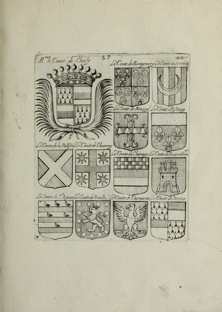 An illustration from Armorial vniuersel, contenant les armes des principales maisons, estatz, et dignitez, des plus considerables royaumes de l'Europe. Blazonnées de leurs métaux & couleurs et enrichies de leurs ornemens exterieurs, 1654, leaf 94
