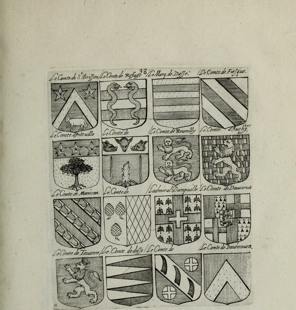 An illustration from Armorial vniuersel, contenant les armes des principales maisons, estatz, et dignitez, des plus considerables royaumes de l'Europe. Blazonnées de leurs métaux & couleurs et enrichies de leurs ornemens exterieurs, 1654, leaf 96