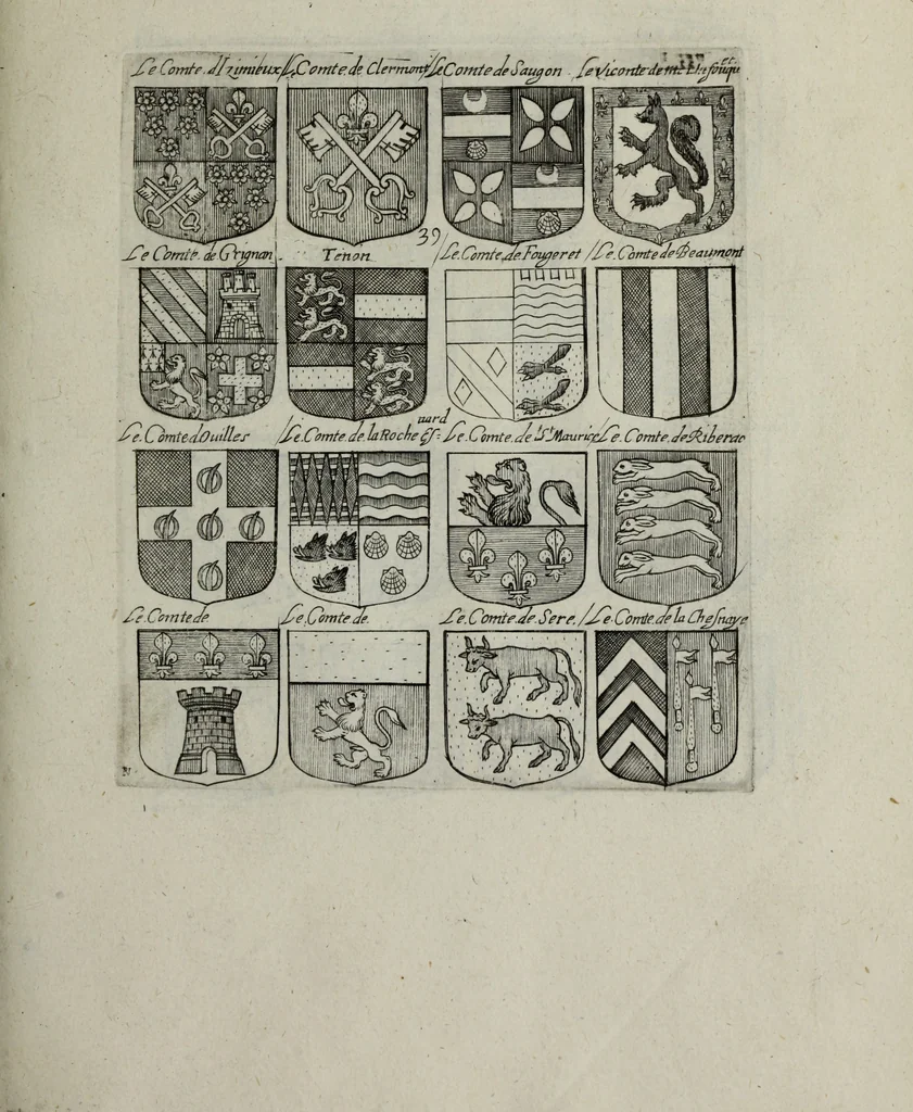 An illustration from Armorial vniuersel, contenant les armes des principales maisons, estatz, et dignitez, des plus considerables royaumes de l'Europe. Blazonnées de leurs métaux & couleurs et enrichies de leurs ornemens exterieurs, 1654, leaf 98
