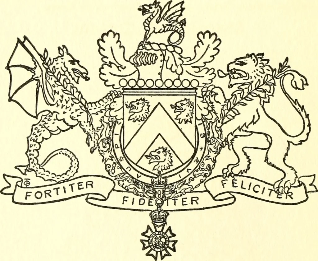An illustration from Armory and lineages of Canada; comprising pedigrees with historical notes, brief biographies and family registers of prominent men of Canada, including blazons and illustrations of many armorials, and of insignia of knighthood, 1913, leaf 23
